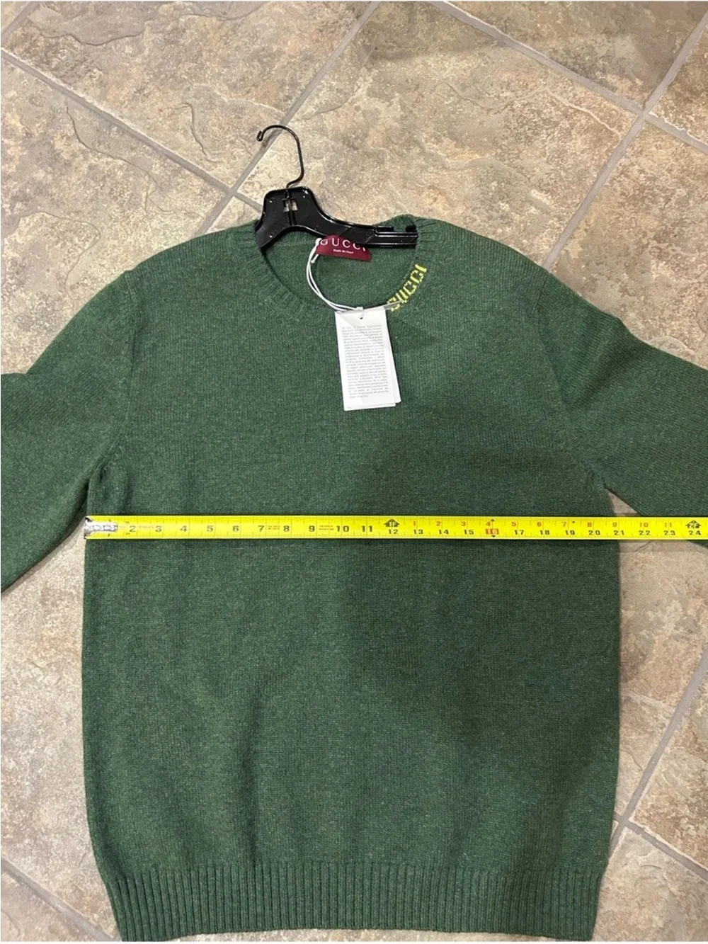 Men’s Gucci, green felted wool crewneck gold logo sweater size XXL made in Italy